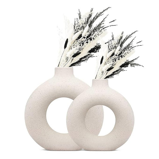 LuxeLane 'Donut Vase' for Home Decor - White, 8 & 12 inches, Pack of 2